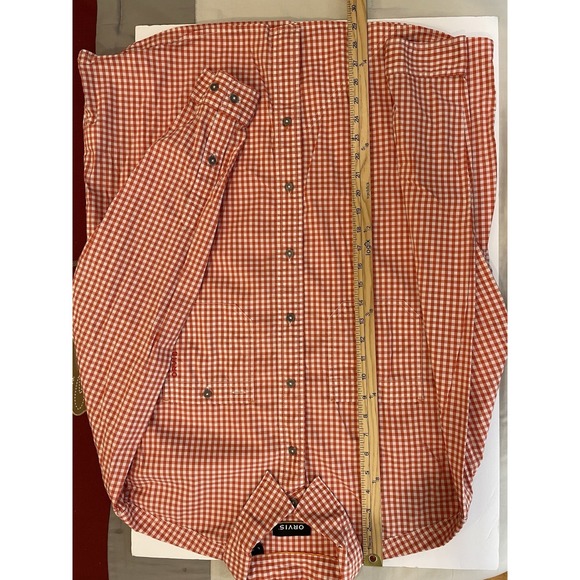 Orvis Active Fit Shirt Mens Large Nylon Blend Orange Gingham Check Fishing - Picture 6 of 7